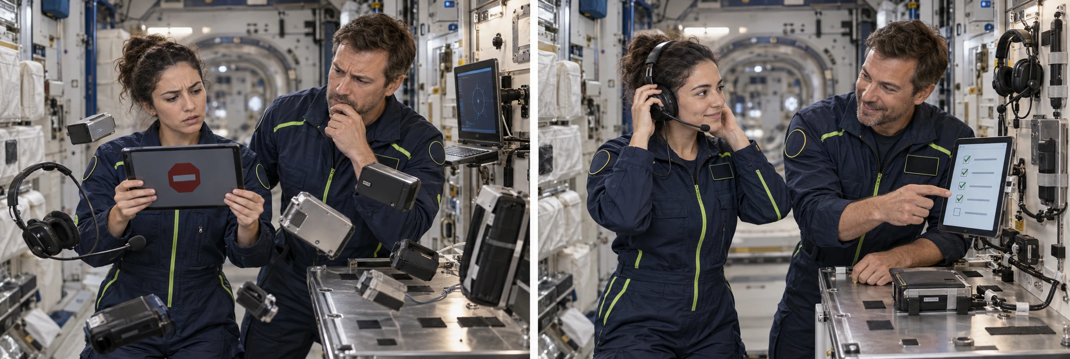A new station crew member and team lead face unassigned equipment and an incomplete onboarding setup.