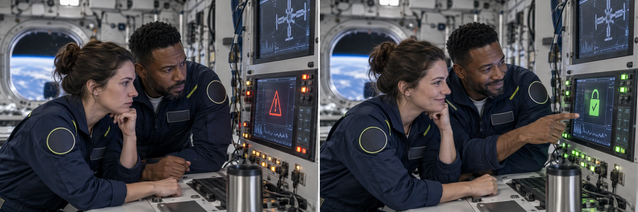 Two station crew members examine concerning security indicators at a command console.